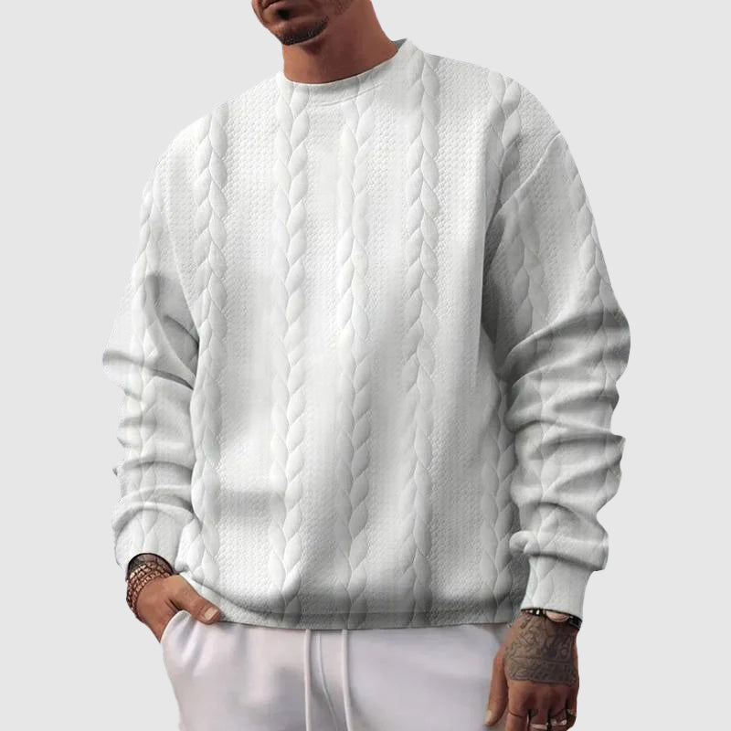 Men's wool cable knit sweater relaxed fit with ribbed edges, versatile everyday casual style