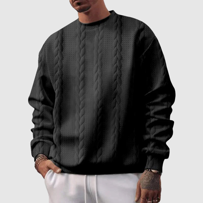 Men's relaxed fit wool cable knit sweater with ribbed edges, warm everyday casual style
