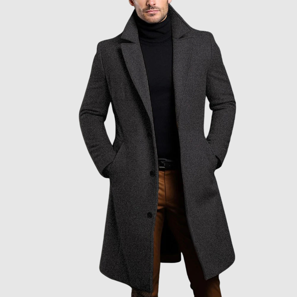 Roberto Russo men's long wool coat refined single-breasted silhouette with lapel collar timeless luxury