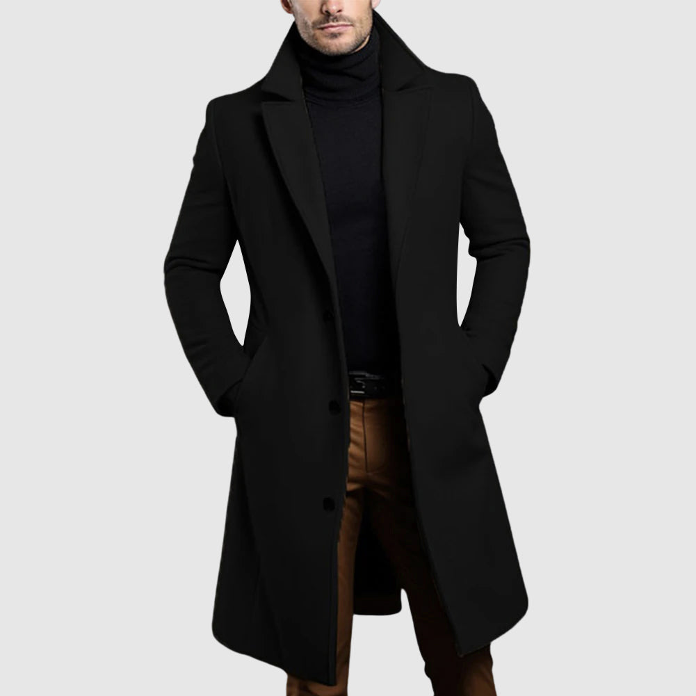 Roberto Russo men's long single-breasted wool coat refined lapel tailored silhouette autumn winter