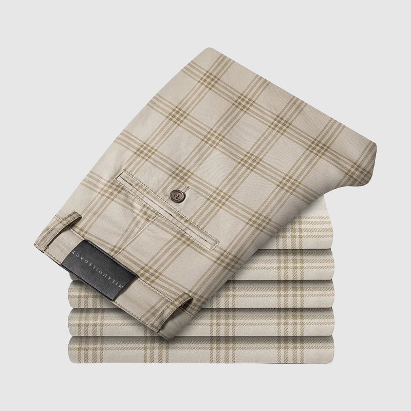 Roberto Russo Marston plaid straight-leg pants, silk lyocell blend with subtle sheen, midweight men's trousers