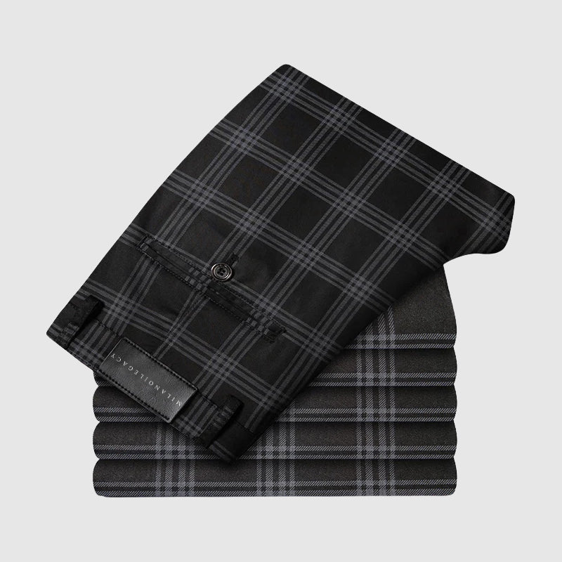 Roberto Russo Marston plaid straight-leg pants, silk lyocell blend with subtle sheen, midweight men's trousers