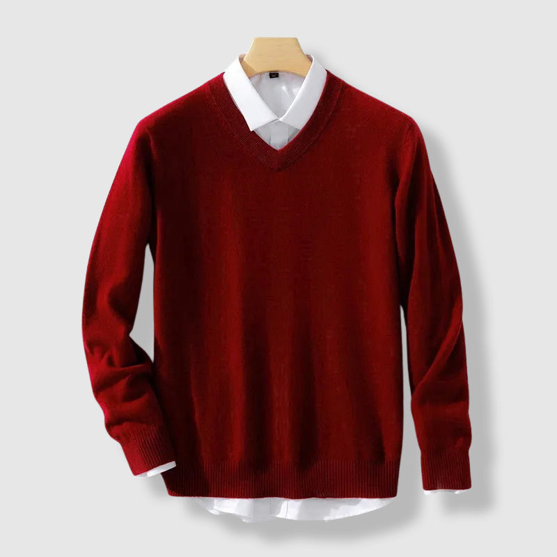 Roberto Russo men's camel cashmere blend V-neck sweater, slim-fit knit with luxurious soft texture