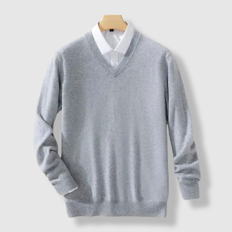 Roberto Russo men's camel cashmere blend V-neck sweater, slim-fit knit with luxurious soft texture
