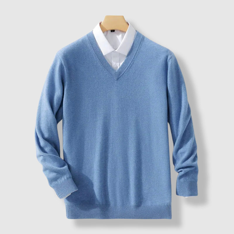 Roberto Russo men's camel cashmere blend V-neck sweater, slim-fit knit with luxurious soft texture