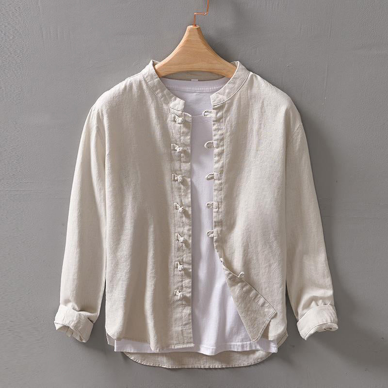 Roberto Russo Pinerolo loose ramie shirt mandarin collar knotted closures modern minimalist style