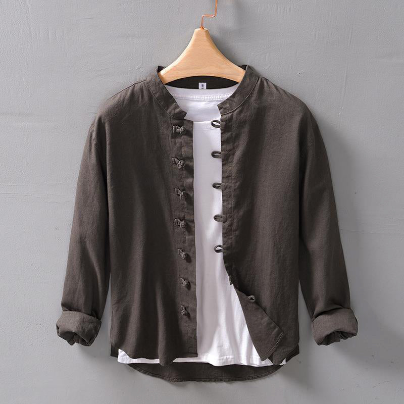 Roberto Russo Pinerolo loose ramie shirt mandarin collar knotted closures relaxed modern fit