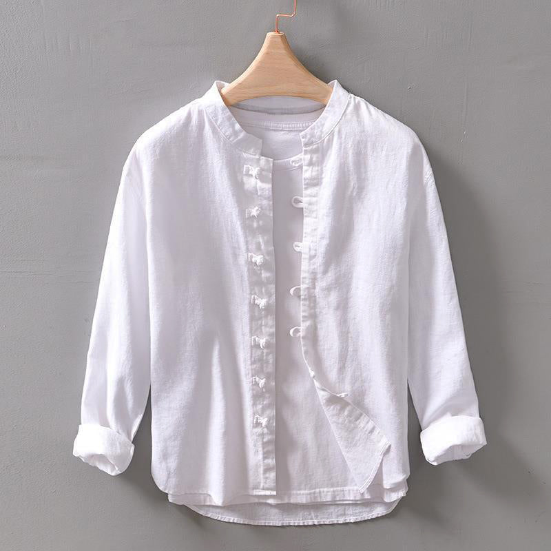 Roberto Russo Pinerolo loose ramie shirt mandarin collar knotted closures modern minimalist style