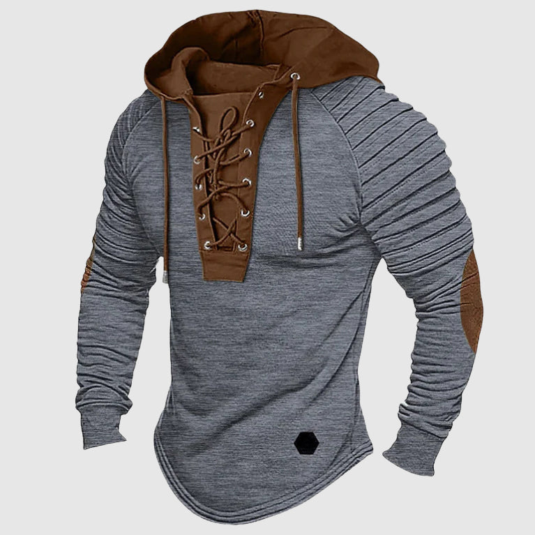 Men's slim fit hooded sweater with lace-up front and pleated shoulders for a modern streetwear look