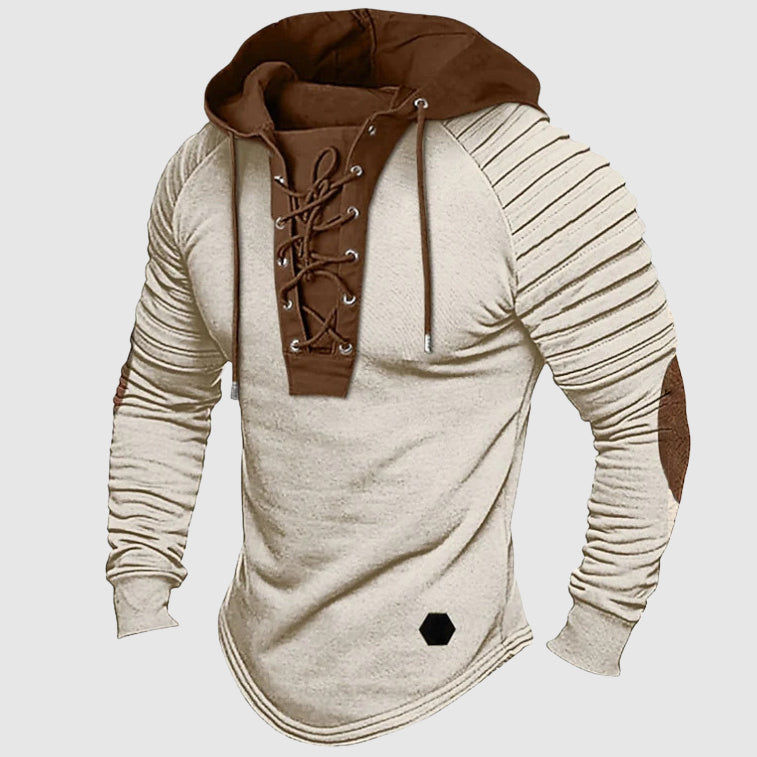 Men's slim fit hooded sweater with lace-up front and pleated shoulders for a modern streetwear look