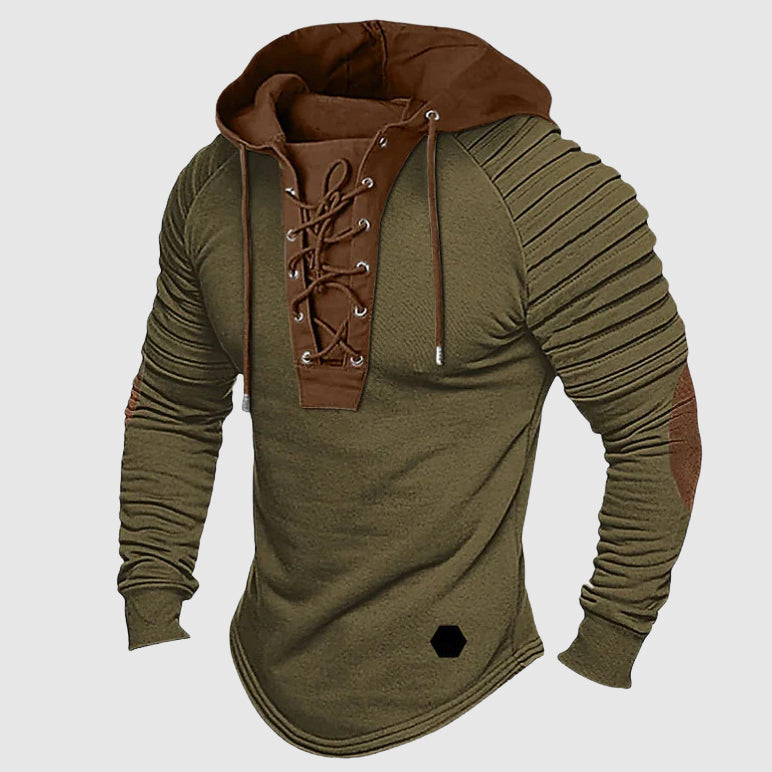 Men's slim fit hooded sweater with lace-up front and pleated shoulders for modern style