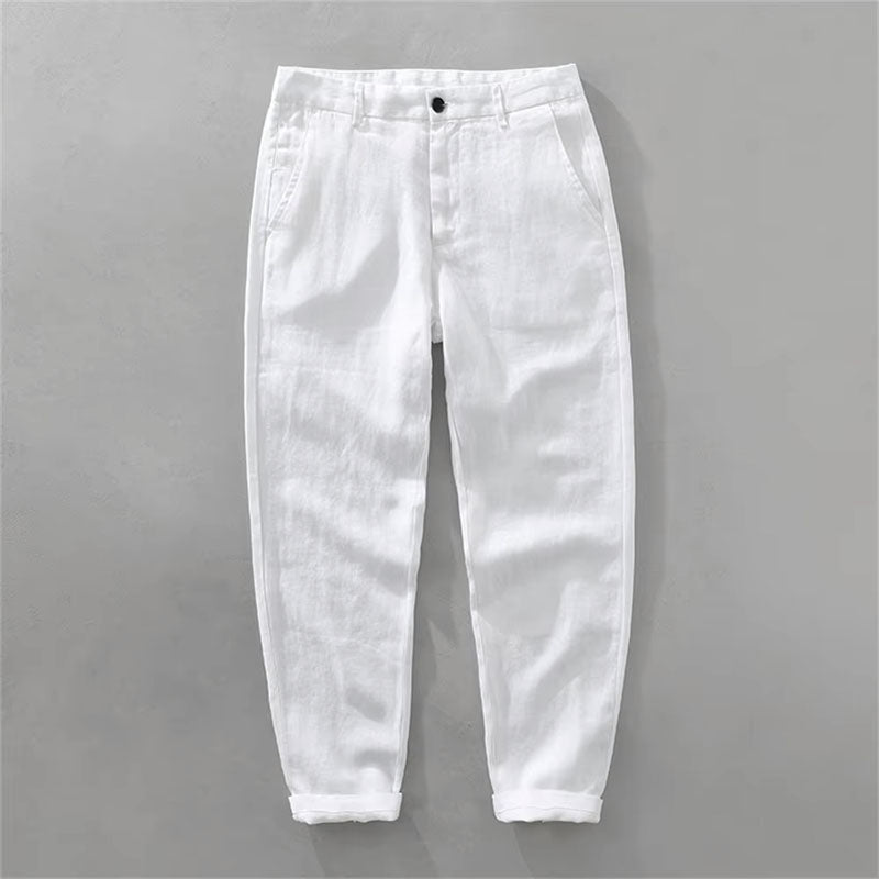 Men's beige linen blend pants relaxed straight-cut breathable summer comfort Mediterranean style