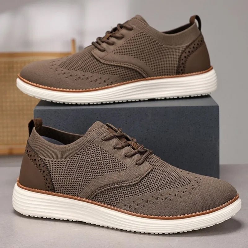 Men's gray knit mesh leisure sneakers with brogue-inspired perforations for breathable everyday comfort