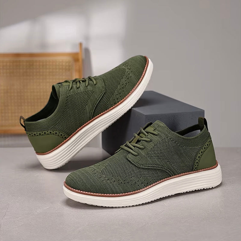 Men's beige knit mesh leisure sneakers with brogue-inspired perforations for breathable everyday comfort