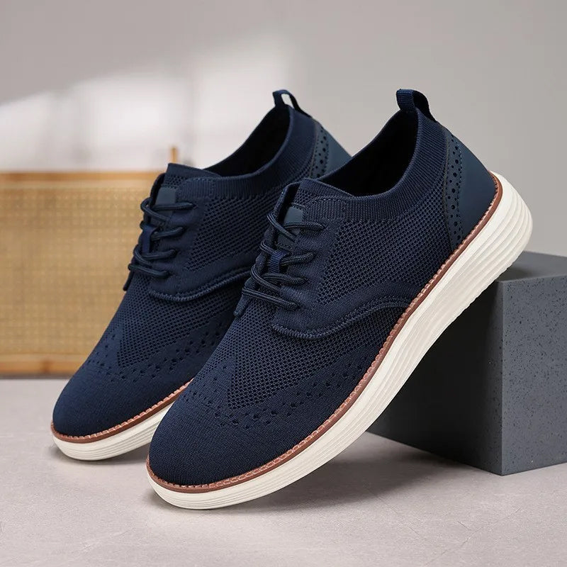 Men's breathable knit mesh leisure sneakers with brogue-inspired perforations in casual refined style