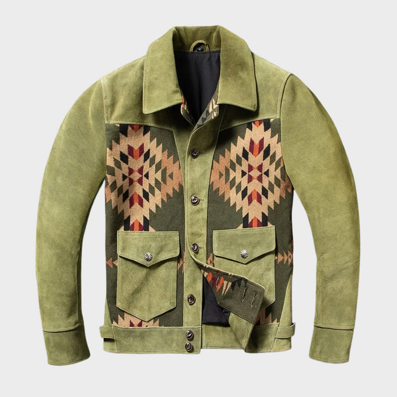 Men's brown genuine leather heritage jacket with woven fabric chest paneling and rugged refined silhouette