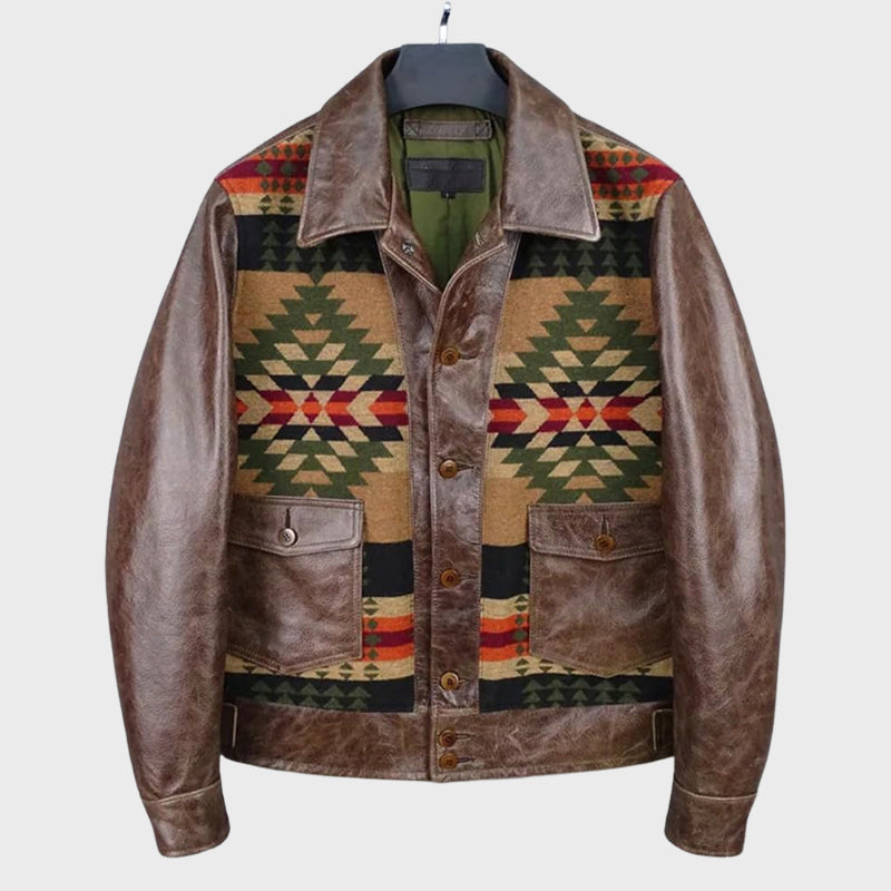Men's brown genuine leather heritage jacket with woven fabric chest paneling and rugged refined silhouette