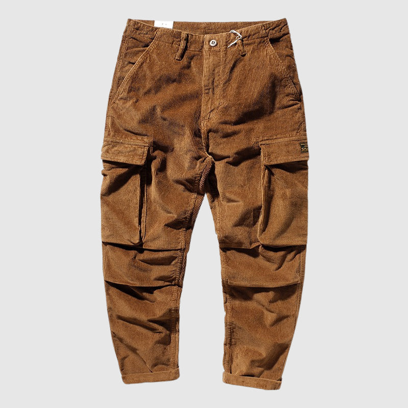 Men's retro corduroy pants relaxed fit warm polyester-blend fabric with functional cargo pockets