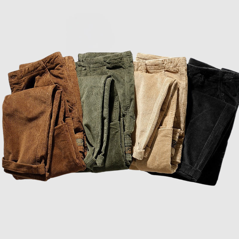 Men's brown retro corduroy cargo pants relaxed fit with soft durable polyester-blend fabric