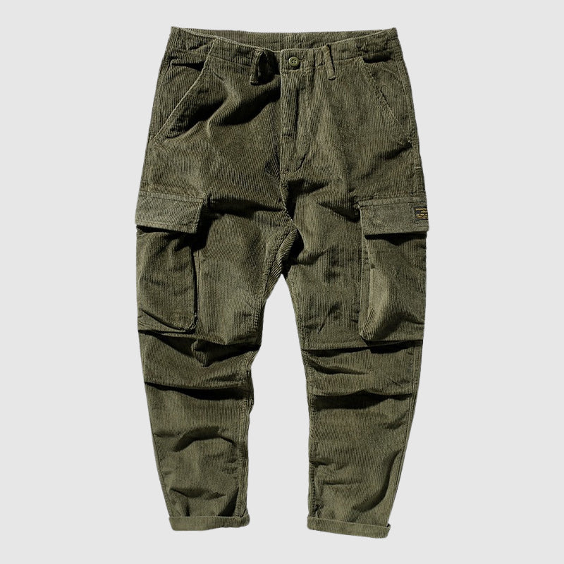 Men's retro corduroy pants relaxed fit warm polyester-blend fabric with cargo pockets