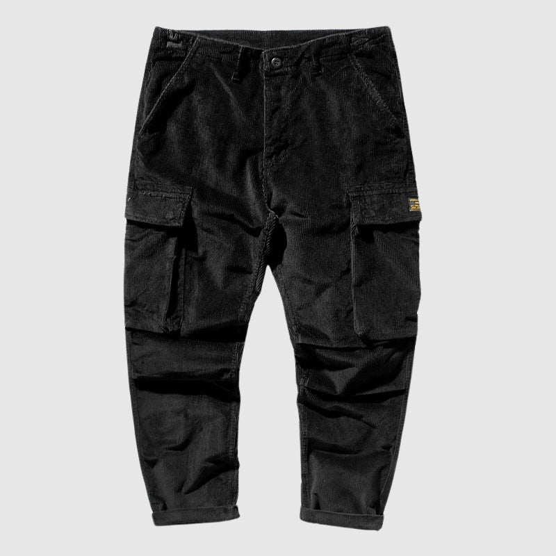 Men's brown retro corduroy cargo pants relaxed fit with soft polyester-blend fabric