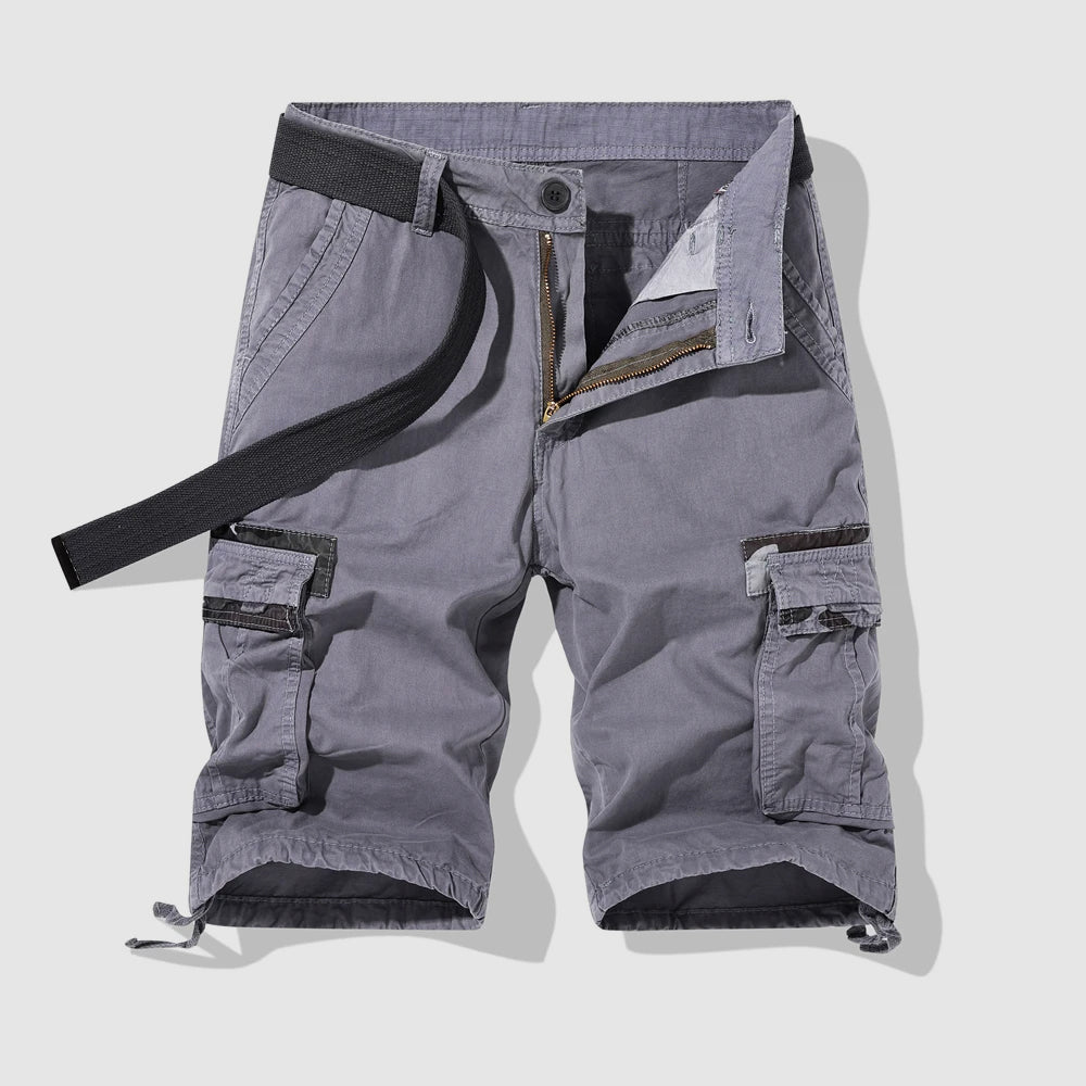 Men's khaki safari cargo shorts relaxed fit with multiple utility pockets for outdoor adventure