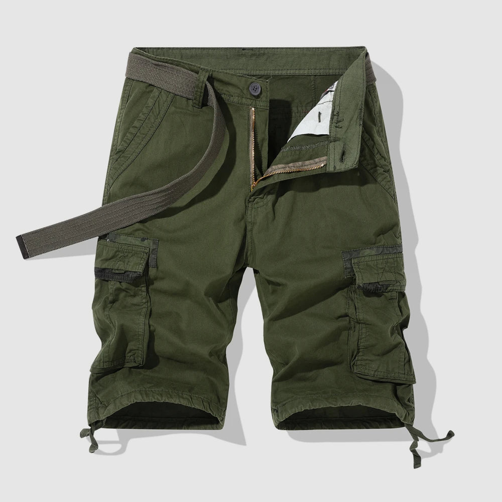 Men's khaki safari cargo shorts relaxed fit with multiple utility pockets for outdoor adventure