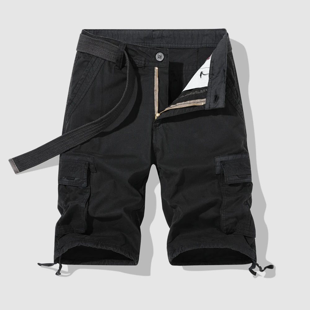 Men's khaki safari cargo shorts relaxed fit with multiple utility pockets for outdoor adventure