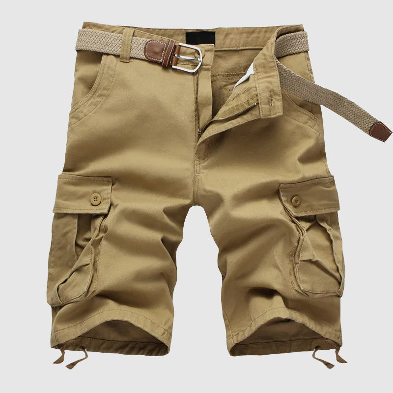 Beige cargo shorts multi-pocket system relaxed fit durable polyester blend for active travel
