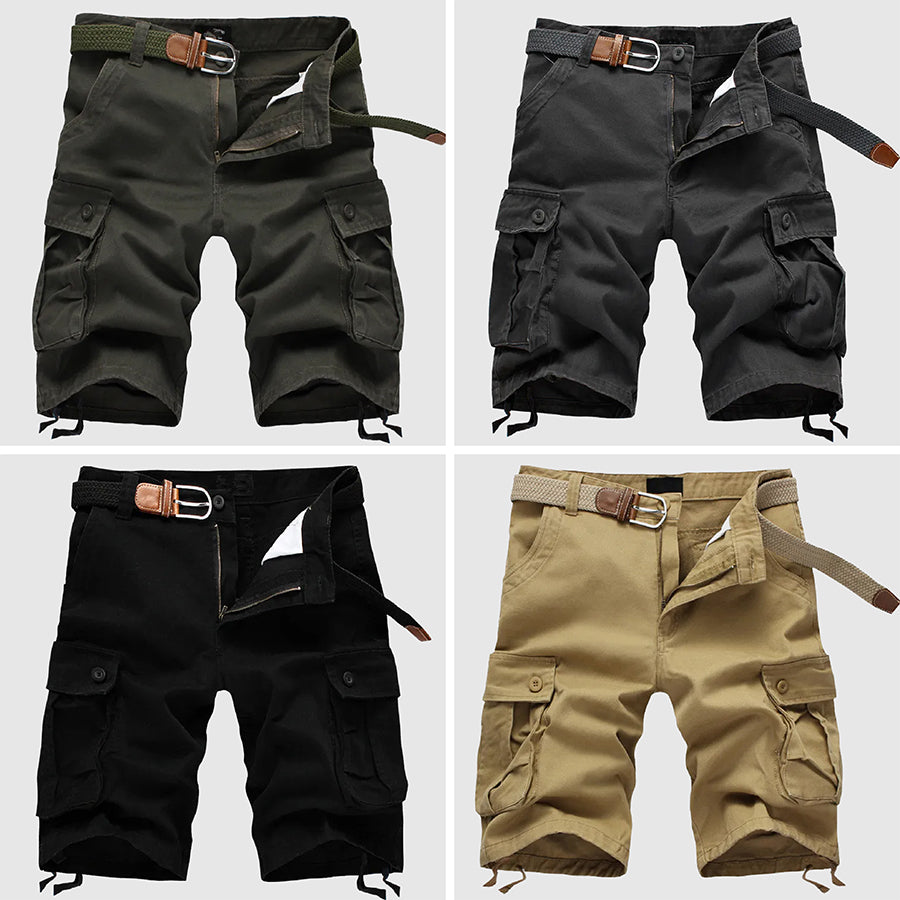 Beige cargo shorts multi-pocket system relaxed fit durable polyester blend for active travel