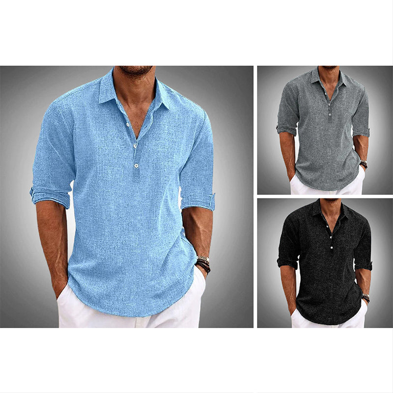 Men's beige linen lapel collar shirt with 4-button placket, relaxed fit casual elegant style