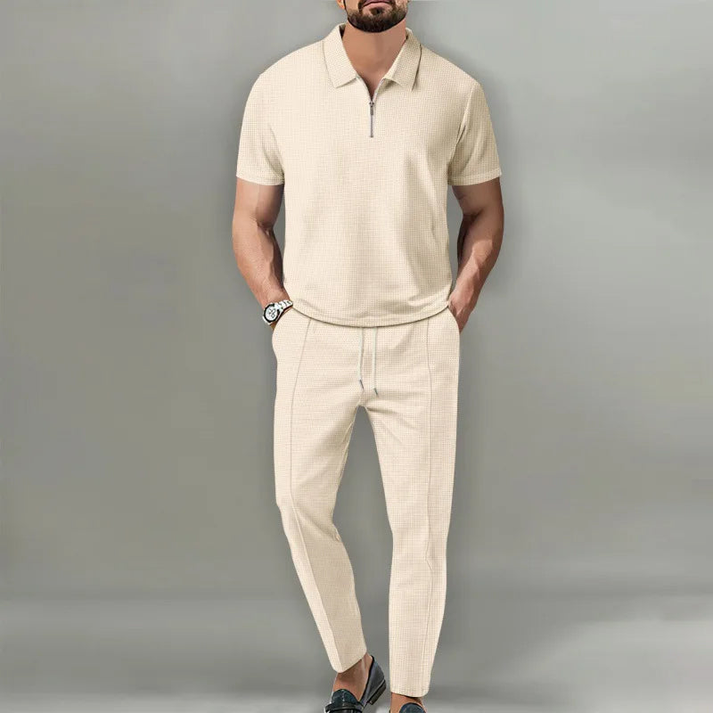 Men's gray soft knit two-piece set with zip collar, relaxed urban fit for casual wear