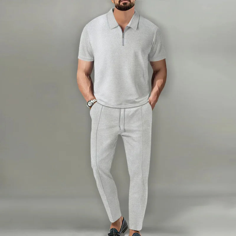 Men's gray soft knit two-piece set with zip collar, relaxed urban fit for all-day versatility