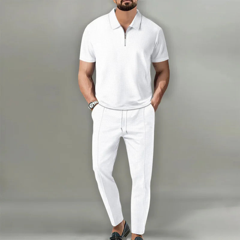 Men's gray soft knit two-piece set with zip collar, relaxed urban fit for casual wear