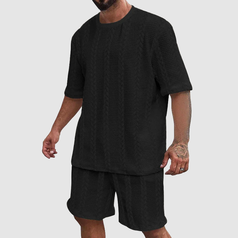 Roberto Russo men's gray urban tracksuit set with quick-dry knit texture, O-neck tee and shorts