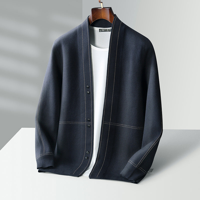 Men's gray wool blend cardigan relaxed fit button closure knit layering essential