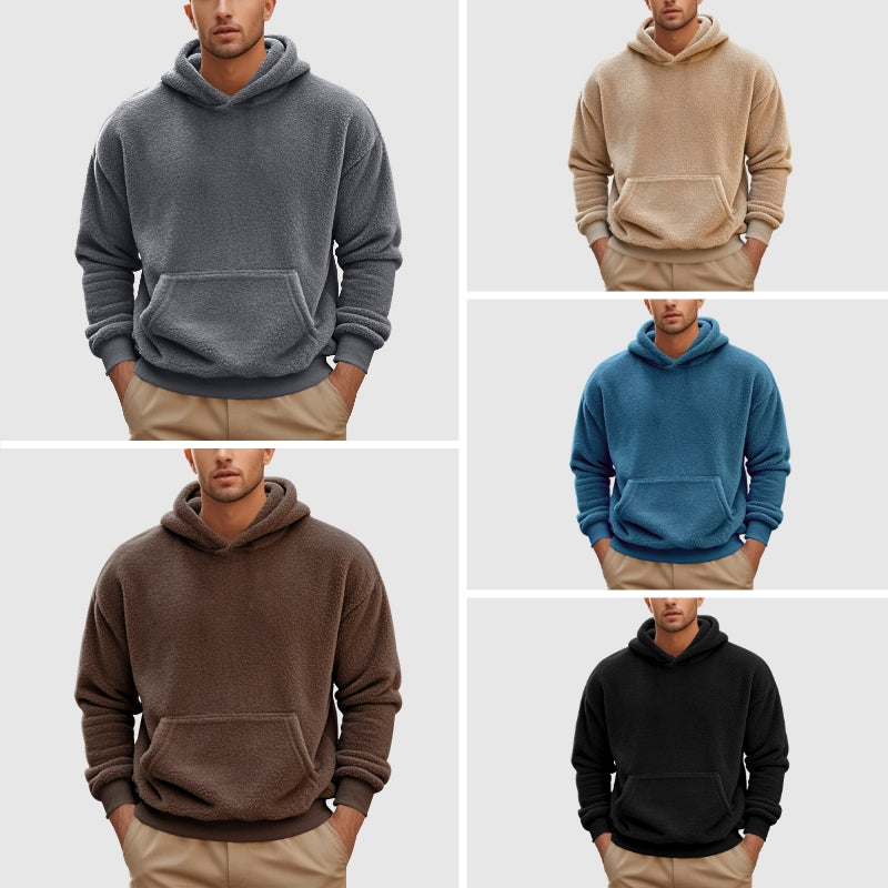 Roberto Russo men's gray fleece hooded pullover, relaxed fit with kangaroo pocket for cozy warmth