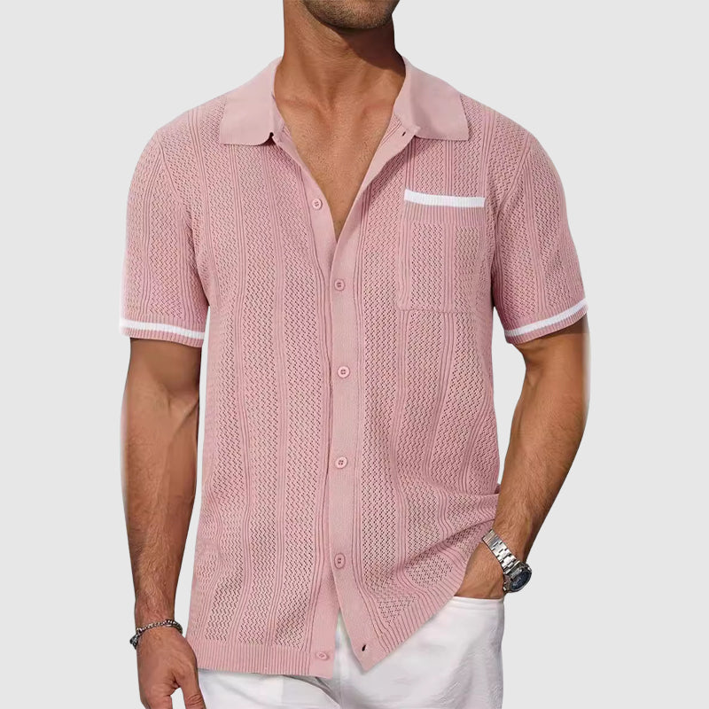 Roberto Russo Grimalda men's polo shirt open-knit breathable fabric contrast piping retro camp collar