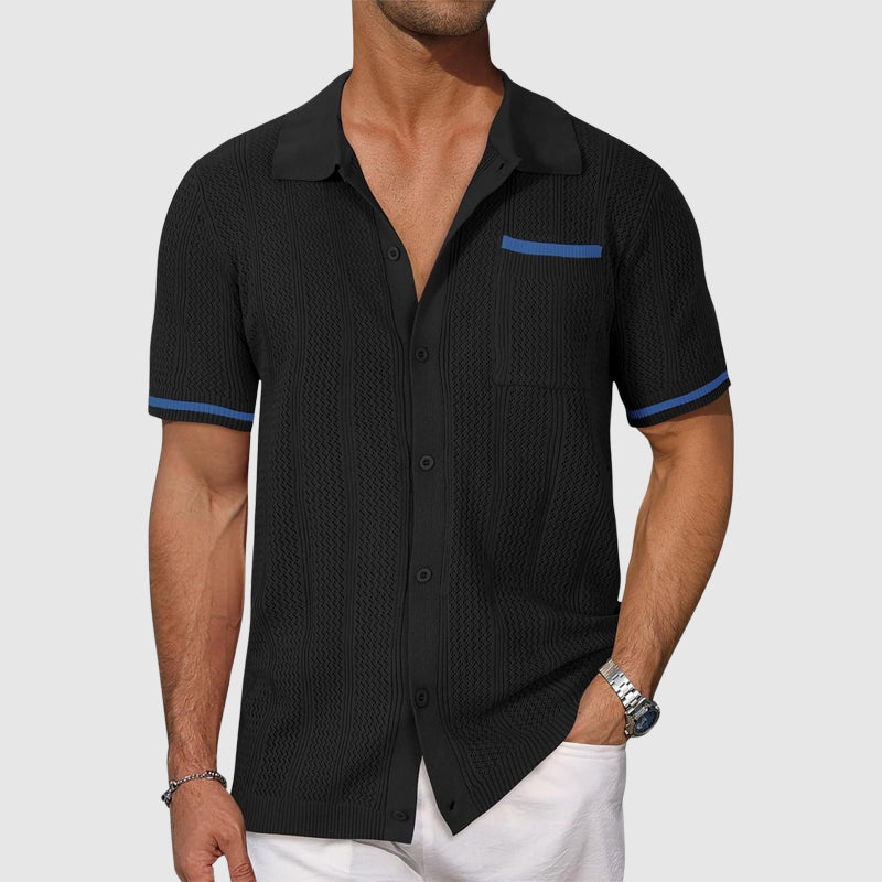 Roberto Russo Grimalda men's white open-knit polo shirt with contrast piping and retro camp collar