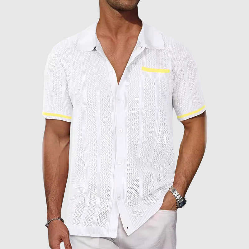 Roberto Russo Grimalda men's polo shirt open-knit breathable fabric contrast piping retro camp collar