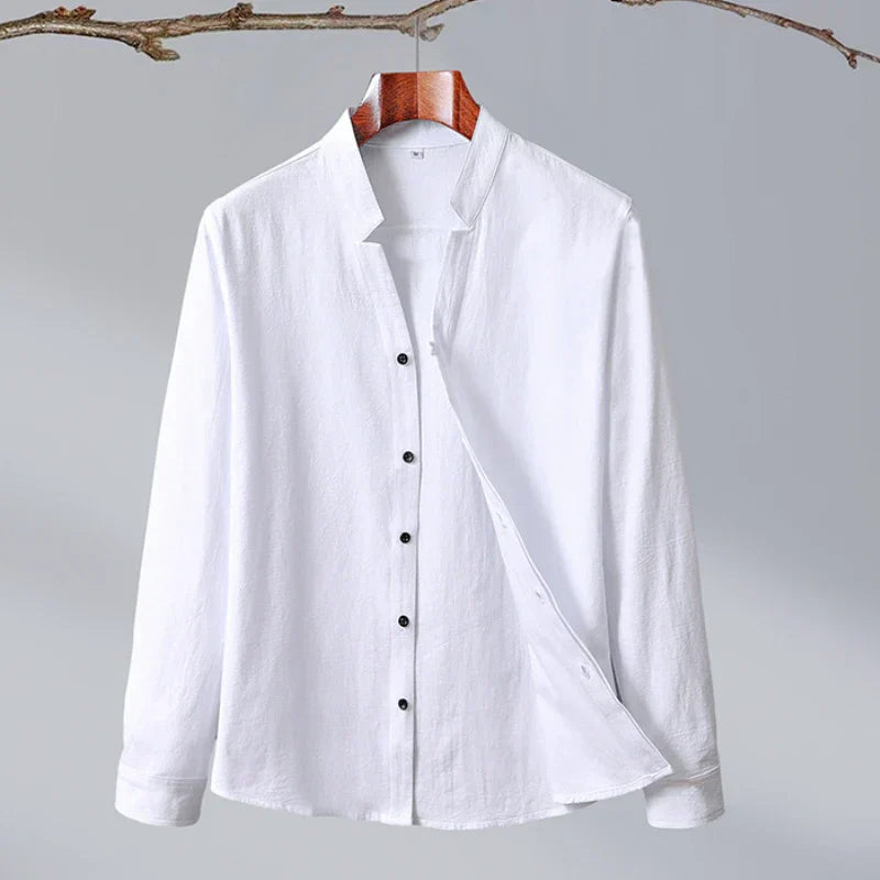 White Japanese-style long sleeve shirt minimalist cut with clean structured FlexiLock poly-blend fabric
