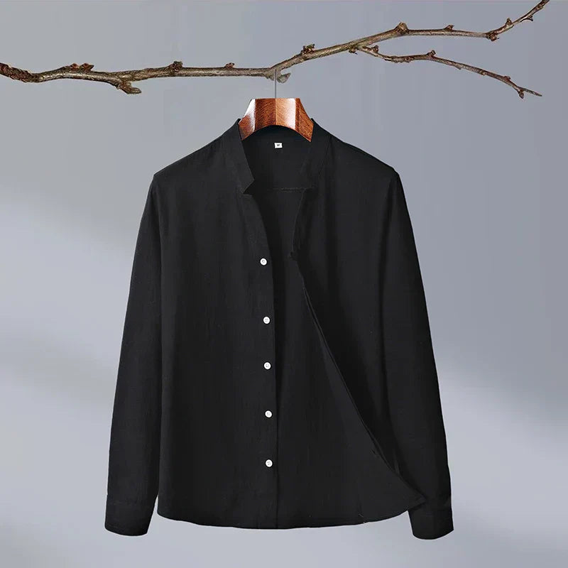 White Japanese-style long sleeve shirt minimalist cut with structured FlexiLock poly-blend drape