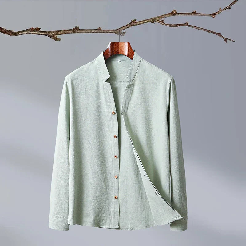 White Japanese-style long sleeve shirt minimalist cut with clean silhouette, luxurious poly-blend fabric