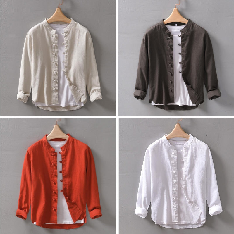 Roberto Russo Pinerolo loose ramie shirt mandarin collar knotted closures modern minimalist style