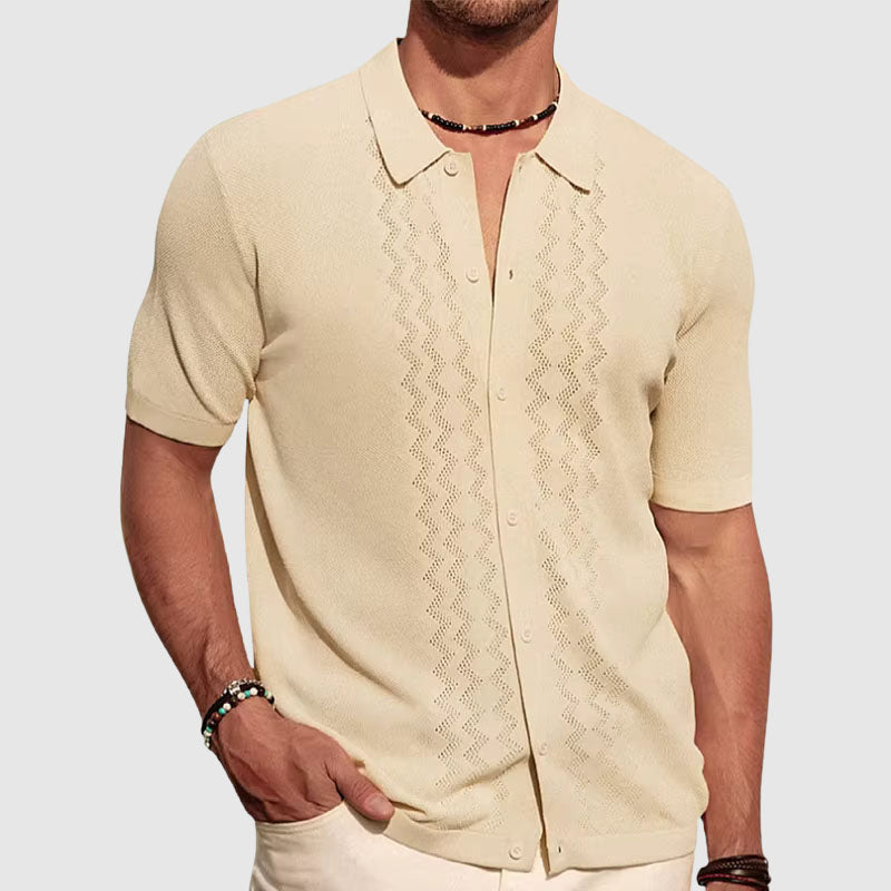 Men's lightweight cotton knit shirt relaxed fit short sleeve with subtle zigzag texture pattern