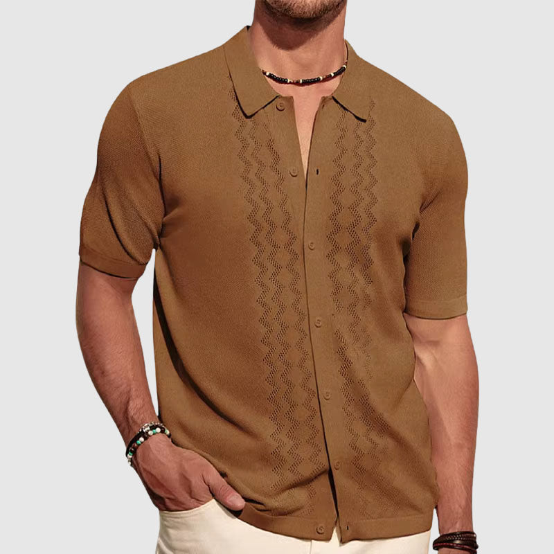 Men's lightweight cotton knit shirt relaxed fit short sleeve with subtle zigzag texture pattern