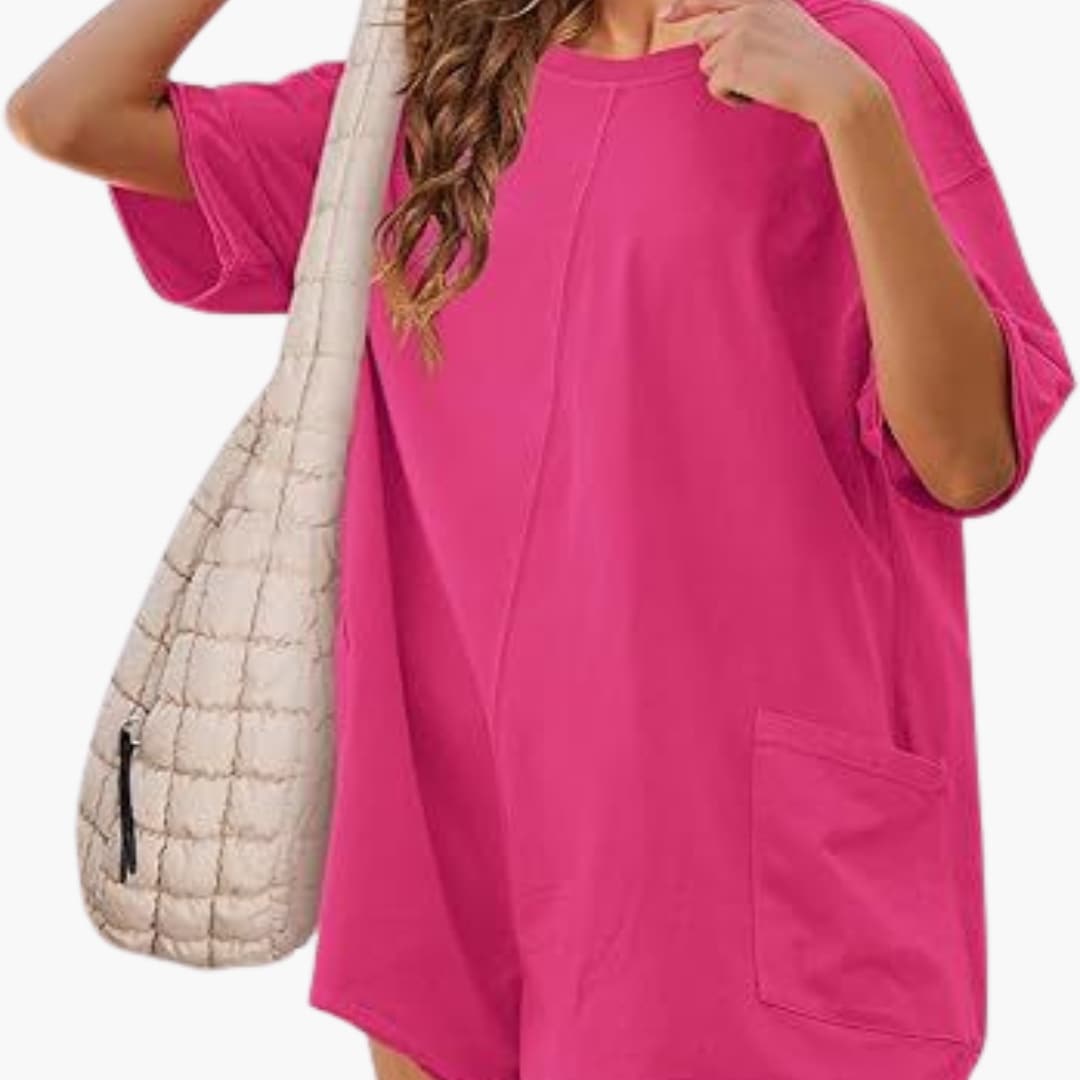 Women's casual short sleeve t-shirt dress relaxed fit round neckline with functional side pockets