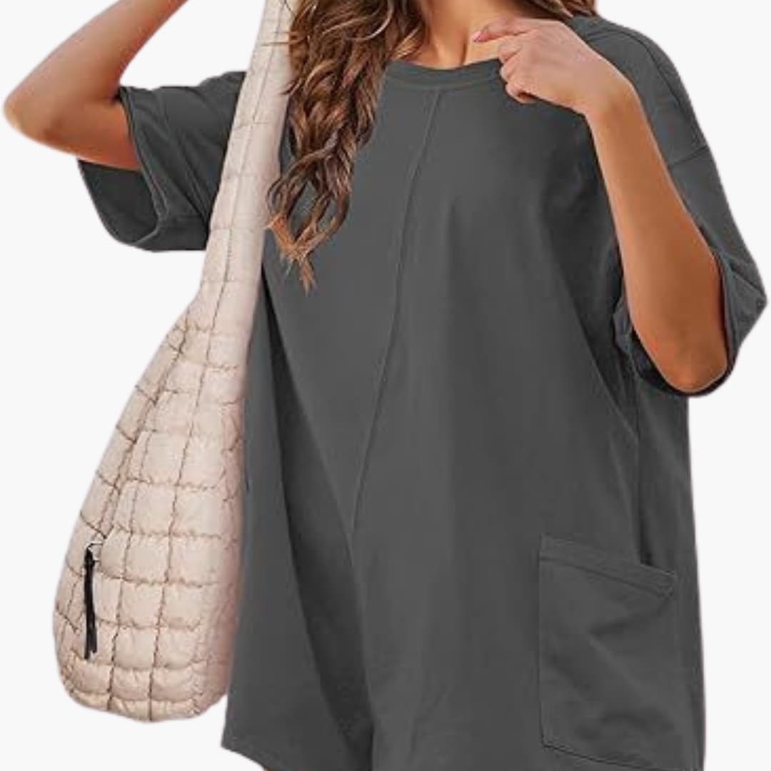 Women's casual short sleeve t-shirt dress relaxed fit round neckline with functional side pockets