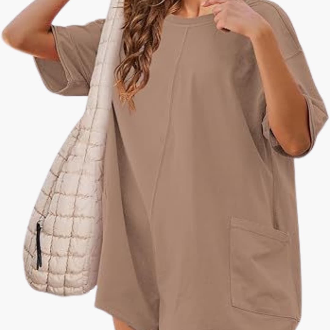 Women's casual short sleeve t-shirt dress with round neckline, relaxed fit, and functional side pockets