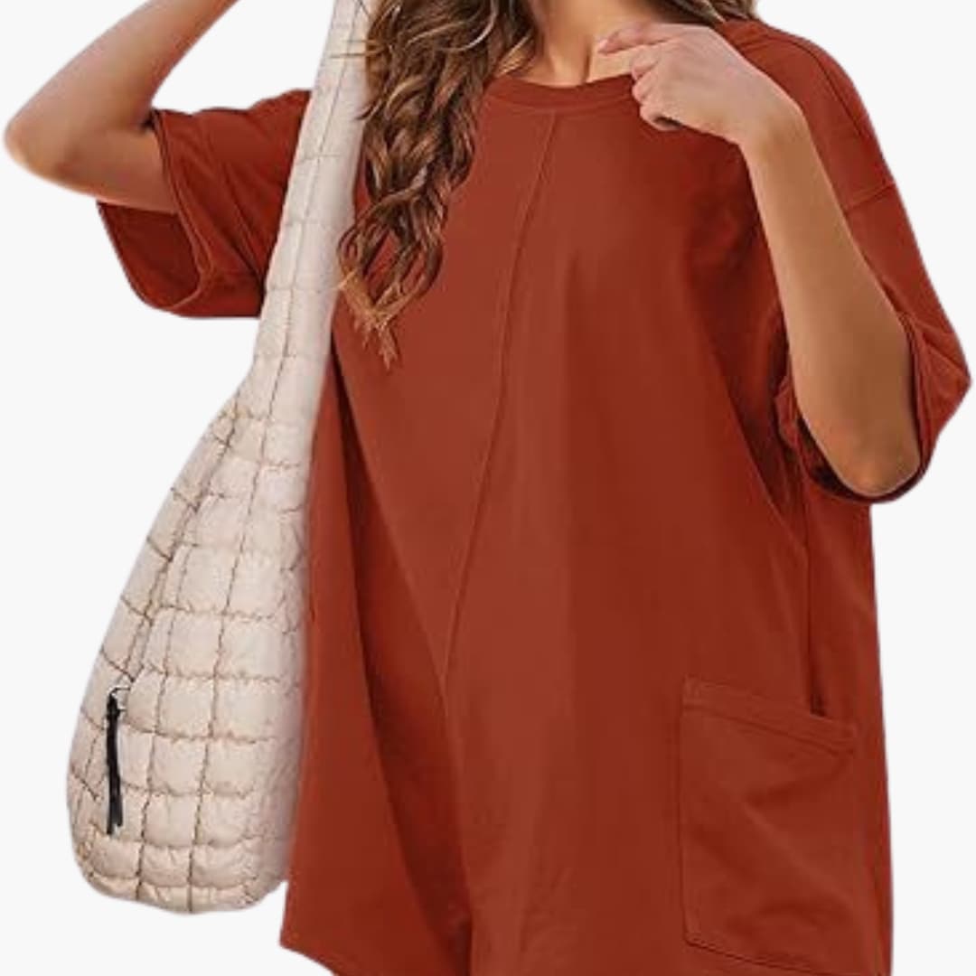 Women's casual short sleeve t-shirt dress relaxed fit round neckline with functional side pockets